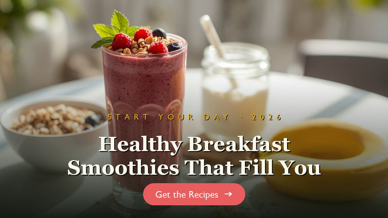 A healthy breakfast smoothie topped with berries and granola on a sunny table