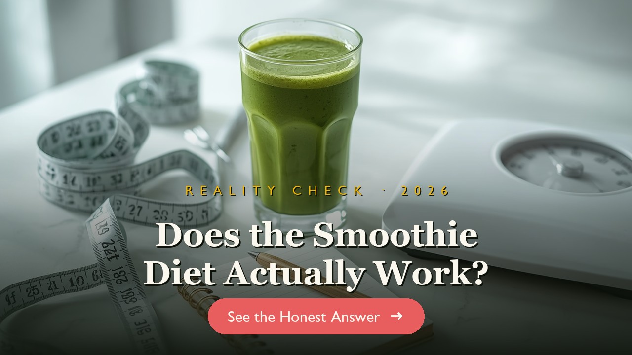 A green smoothie beside a measuring tape and notebook on a kitchen counter