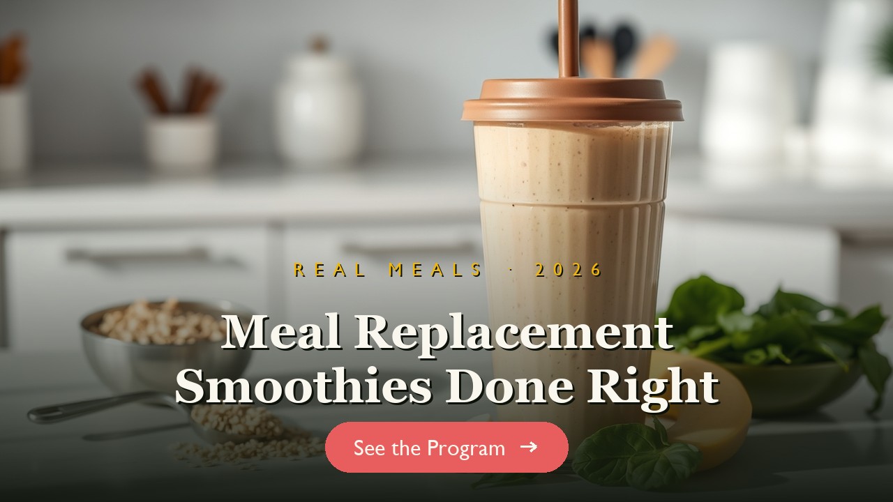 A thick meal-replacement smoothie in a to-go cup with protein and oats beside it