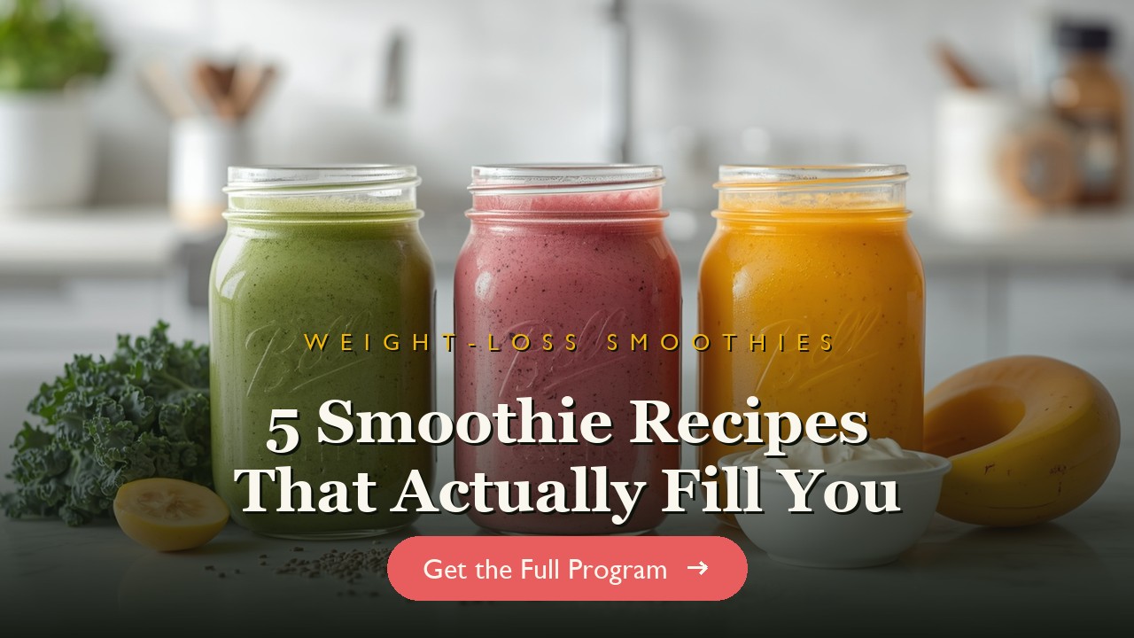 Three weight-loss smoothies with fresh ingredients on a kitchen counter