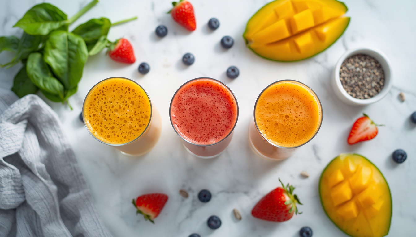 Fruit smoothies and fresh ingredients flat-lay